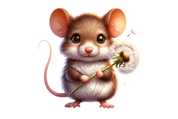 Cute Mouse Holding Dandelion clipart, Fantasy clipart