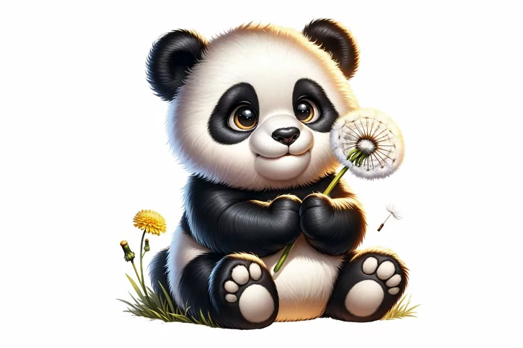 Cute Panda Holding Dandelion clipart, Fantasy clipart