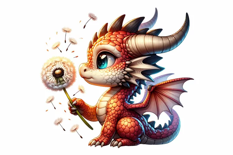 Cute Dragon Holding Dandelion clipart, Fantasy clipart