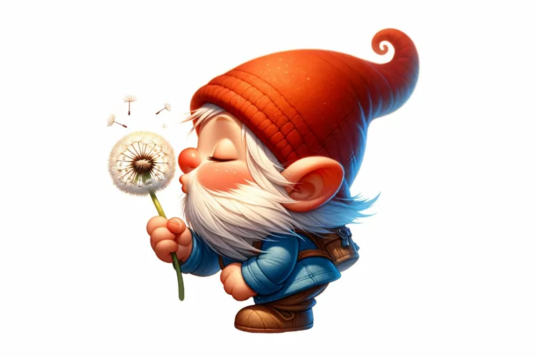 Cute Gnome Holding Dandelion clipart, Fantasy clipart