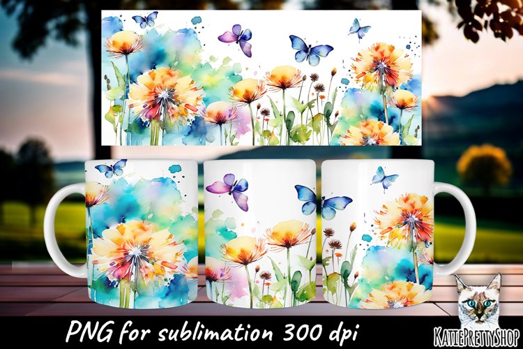 Dandelions and butterflies, flowers sublimation mug.