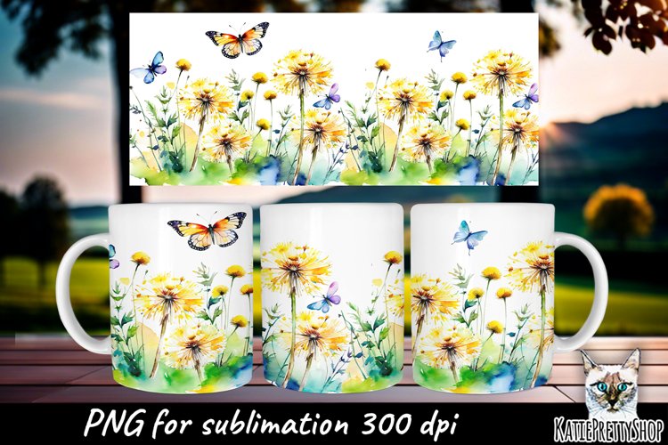 Dandelions and butterflies, flowers sublimation mug. example image 1