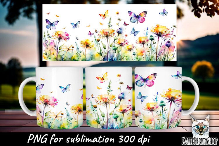 Dandelions and butterflies, flowers sublimation mug. example image 1