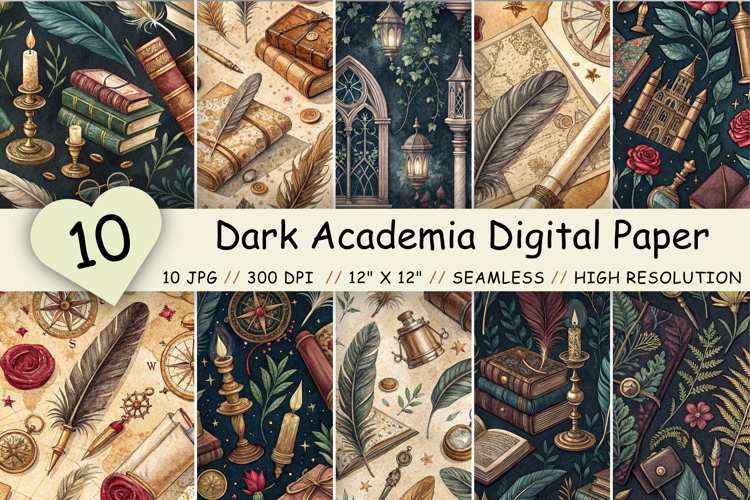 Dark Academia Digital Paper Pack, Seamless Vintage Pattern