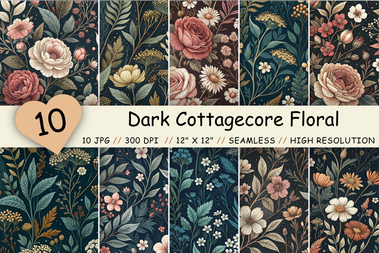 Dark Cottagecore Floral Seamless Pattern Bundle | Vintage