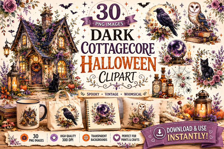 Dark Cottagecore Halloween Clipart Bundle, Gothic Halloween