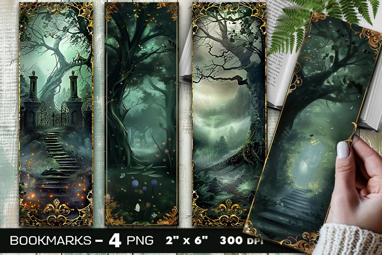 Secret garden gate bookmark, Ethereal mist forest bookmark