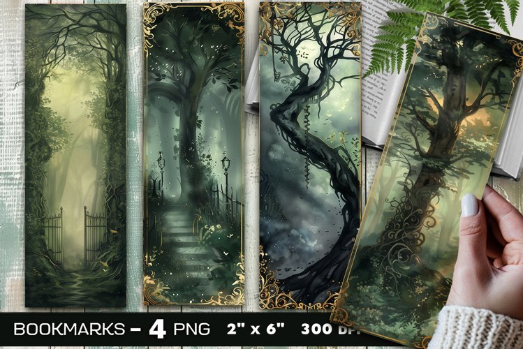 Secret garden gate bookmark, Ethereal mist forest bookmark