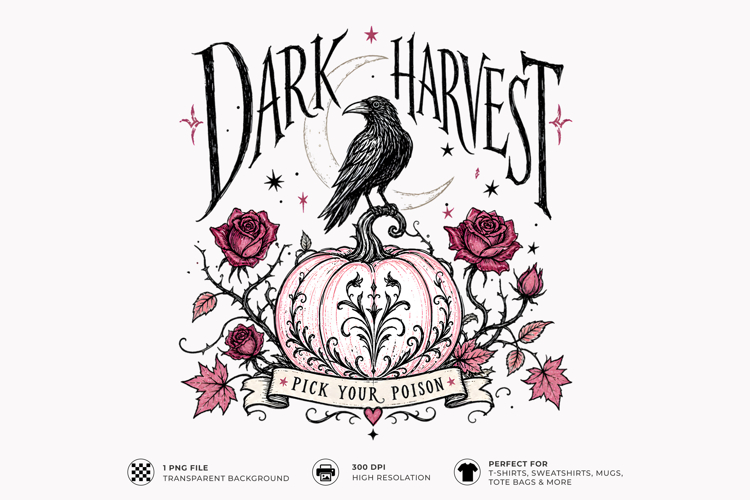 Dark Harvest Raven Pumpkin Gothic Halloween T-Shirt Design