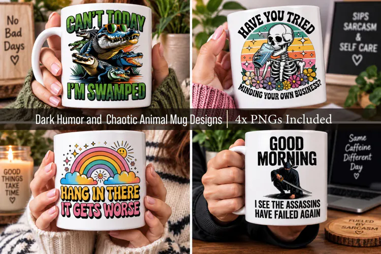 4x Dark Humor and Chaotic Animal Mug Designs