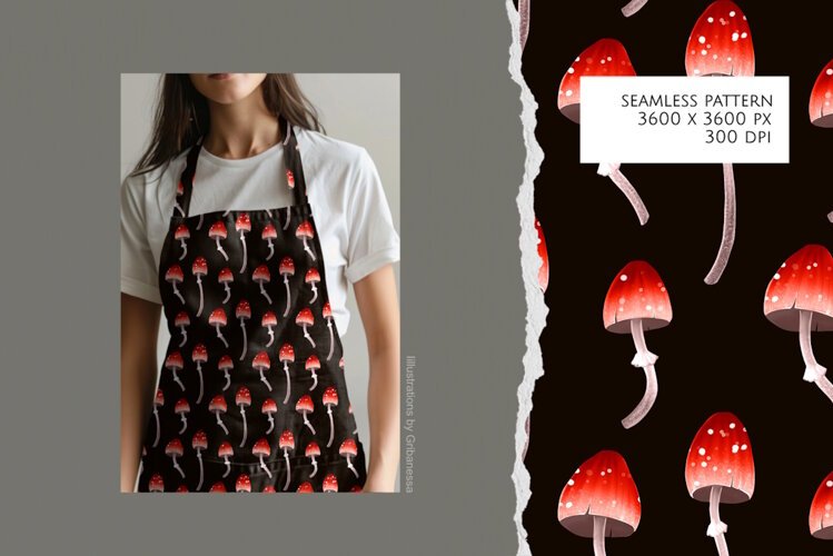 Dark Amanita Mushroom Seamless Pattern example image 1