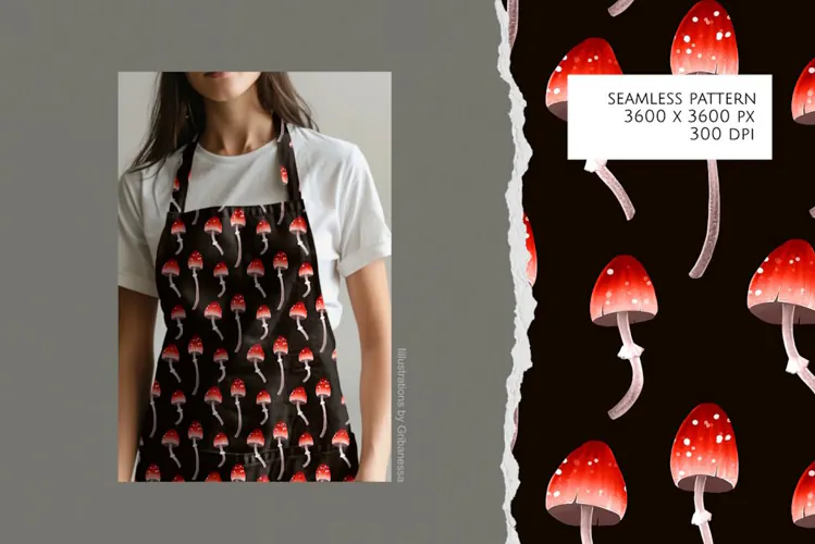Dark Amanita Mushroom Seamless Pattern