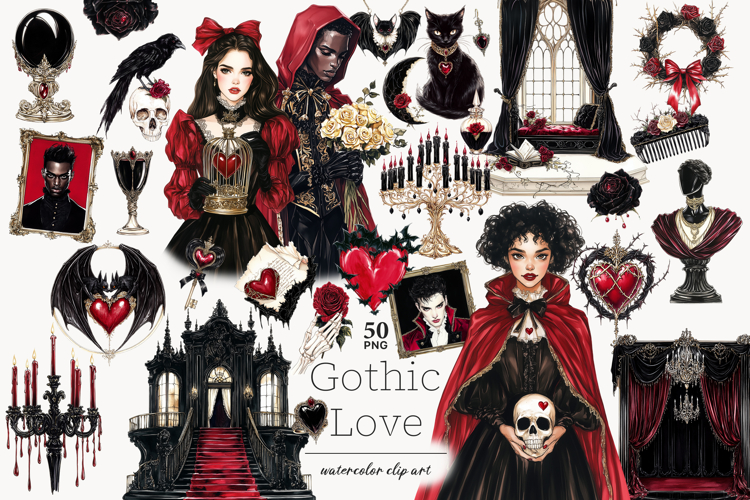 Dark Romance Clipart | Gothic Love PNG Couple Illustrations