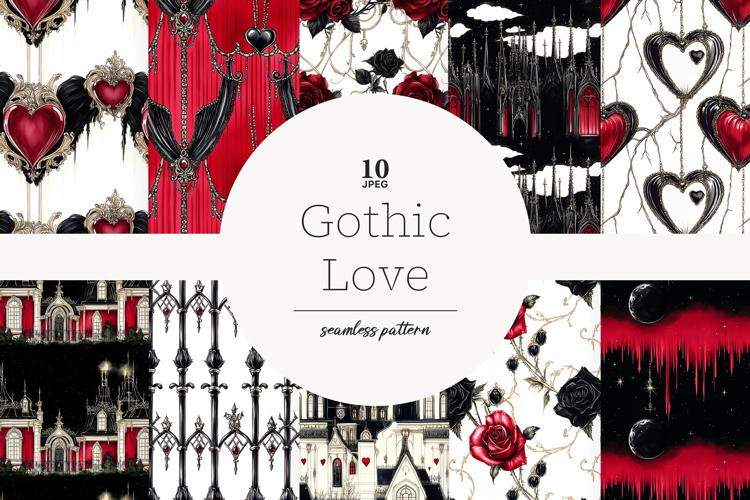 Dark Romance Digital Paper | Gothic Love Patterns with Heart