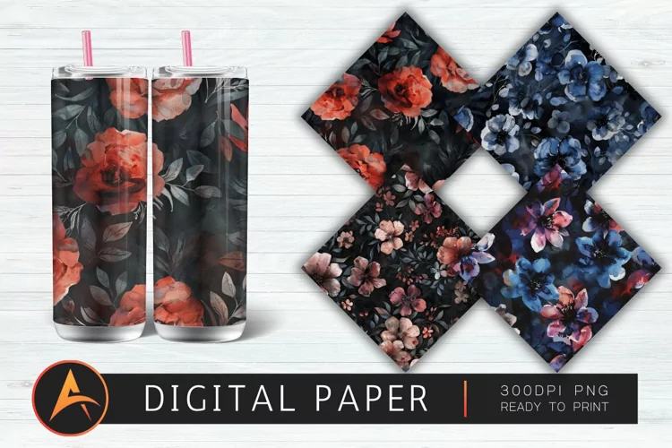 Dark Watercolor Flowers Digital Paper