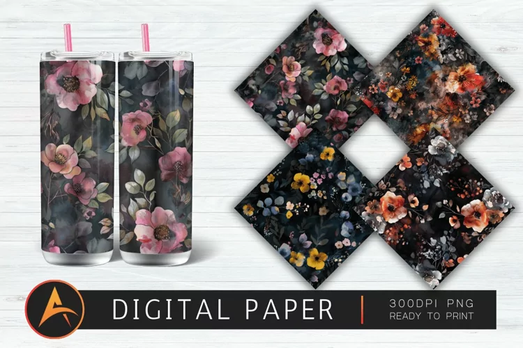 Dark Watercolor Flowers Digital Paper