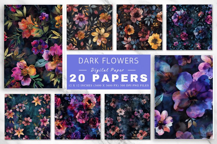 Dark Watercolor Flowers Digital Paper Bundle