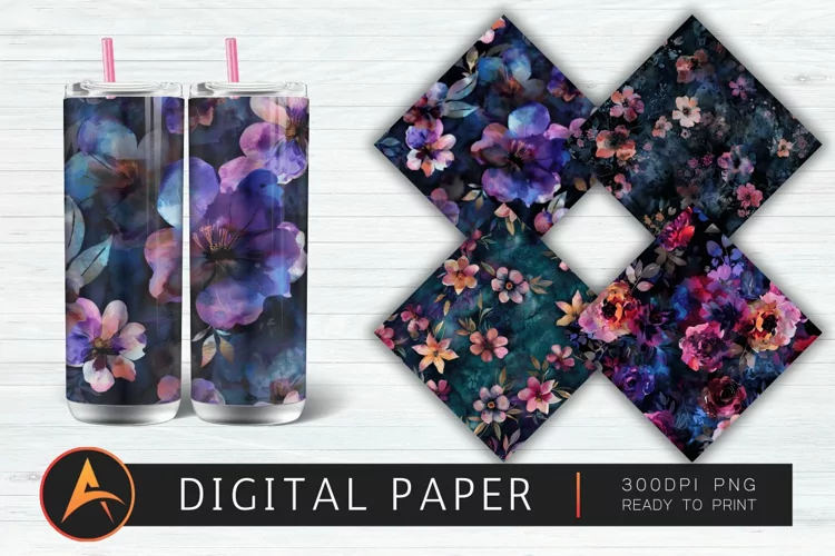 Dark Watercolor Flowers Digital Paper