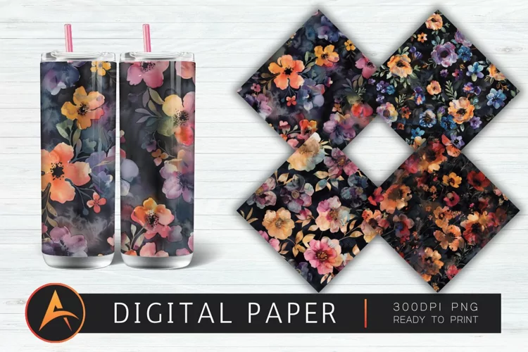 Dark Watercolor Flowers Digital Paper