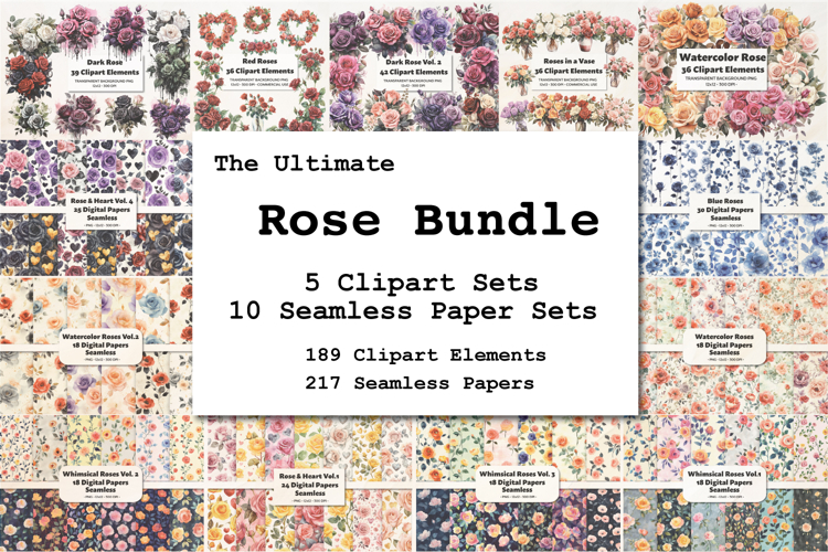Rose Mega Bundle Clipart & Seamless Pattern Collection
