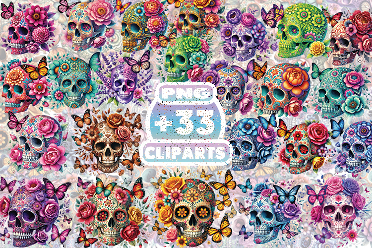 Day of the Dead Colorful Floral Sugar Skull Butterflies PNG
