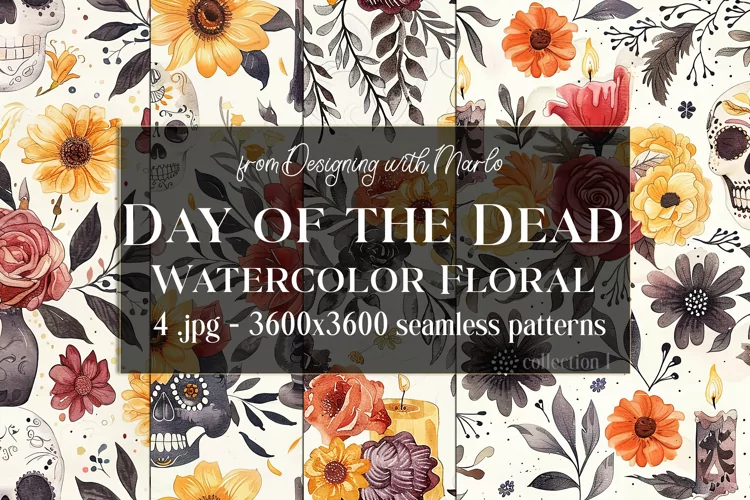 Day of the Dead Patterns, Watercolor Floral Skull Pattern 1