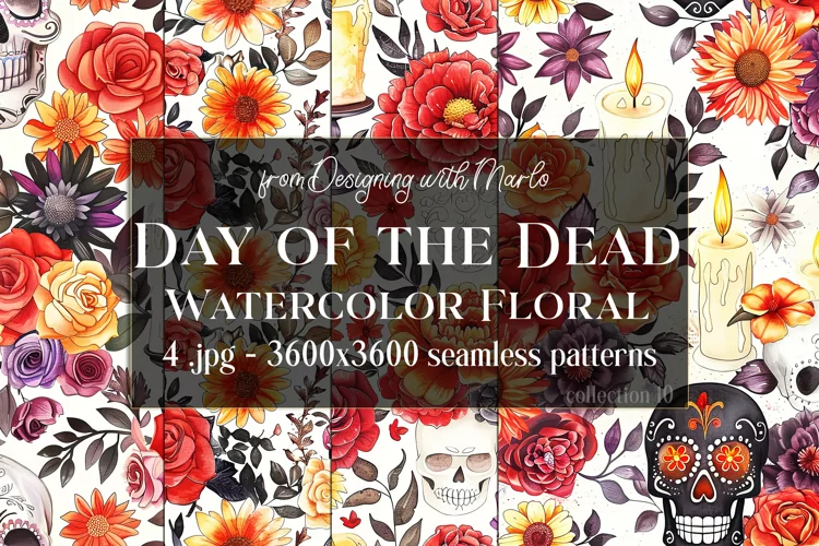 Day of the Dead Patterns, Watercolor Floral Skull Pattern 10