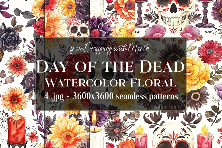 Day of the Dead Patterns, Watercolor Floral Skull Pattern 11