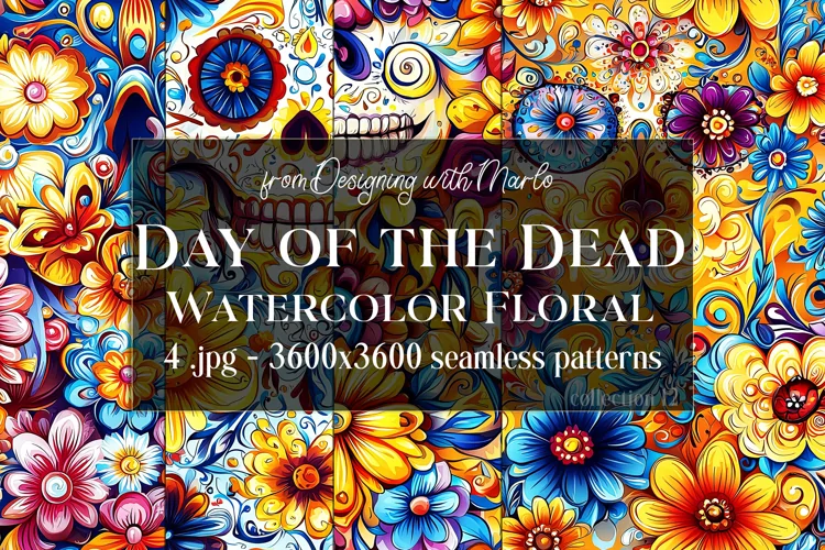 Day of the Dead Patterns, Watercolor Floral Skull Pattern 12