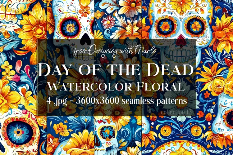 Day of the Dead Patterns, Watercolor Floral Skull Pattern 13