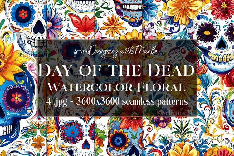 Day of the Dead Patterns, Watercolor Floral Skull Pattern 14