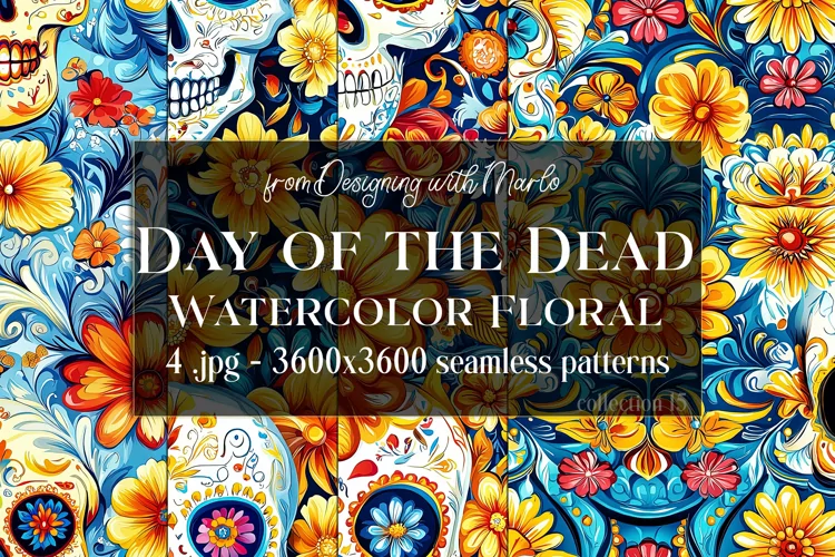 Day of the Dead Patterns, Watercolor Floral Skull Pattern 15