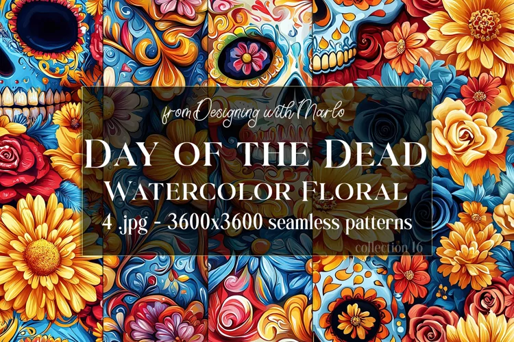 Day of the Dead Patterns, Watercolor Floral Skull Pattern 16