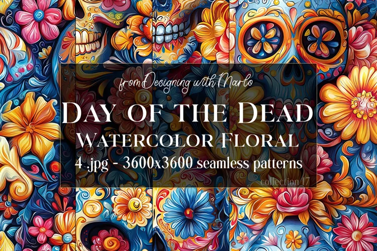 Day of the Dead Patterns, Watercolor Floral Skull Pattern 17