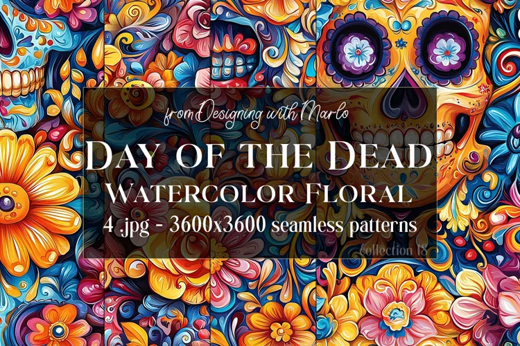 Day of the Dead Patterns, Watercolor Floral Skull Pattern 18
