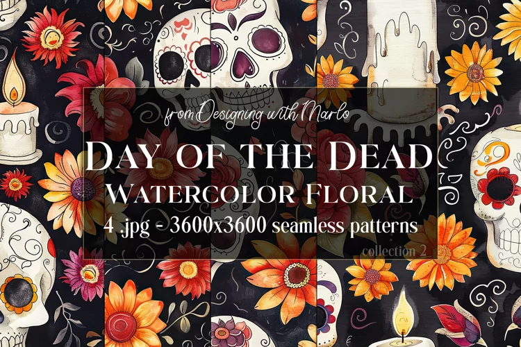 Day of the Dead Patterns, Watercolor Floral Skull Pattern 2