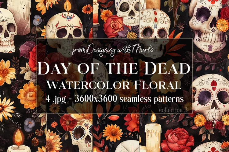 Day of the Dead Patterns, Watercolor Floral Skull Pattern 3