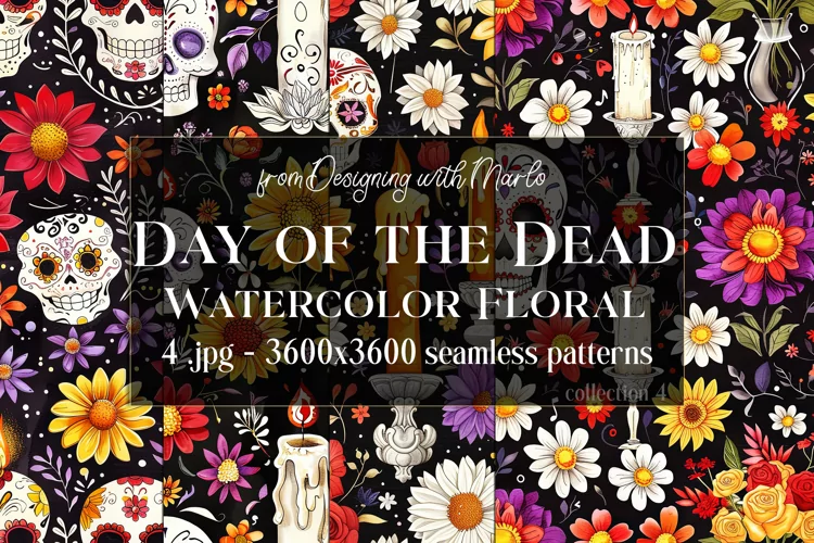 Day of the Dead Patterns, Watercolor Floral Skull Pattern 4
