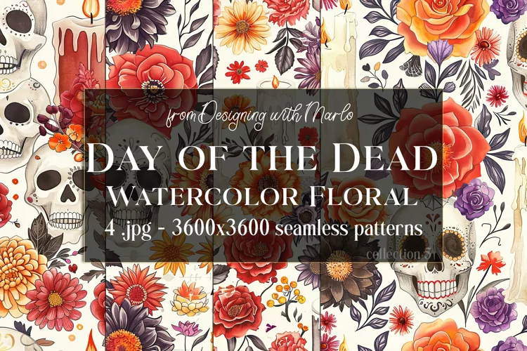 Day of the Dead Patterns, Watercolor Floral Skull Pattern 5