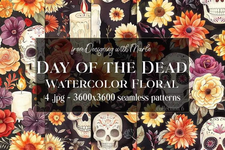 Day of the Dead Patterns, Watercolor Floral Skull Pattern 6