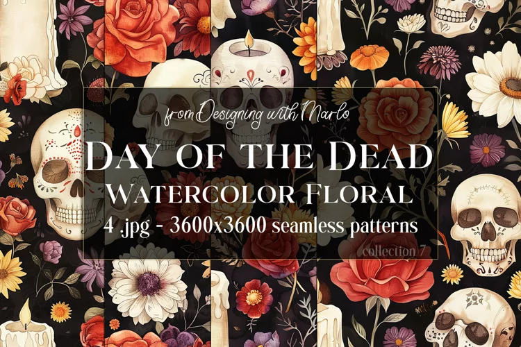 Day of the Dead Patterns, Watercolor Floral Skull Pattern 7