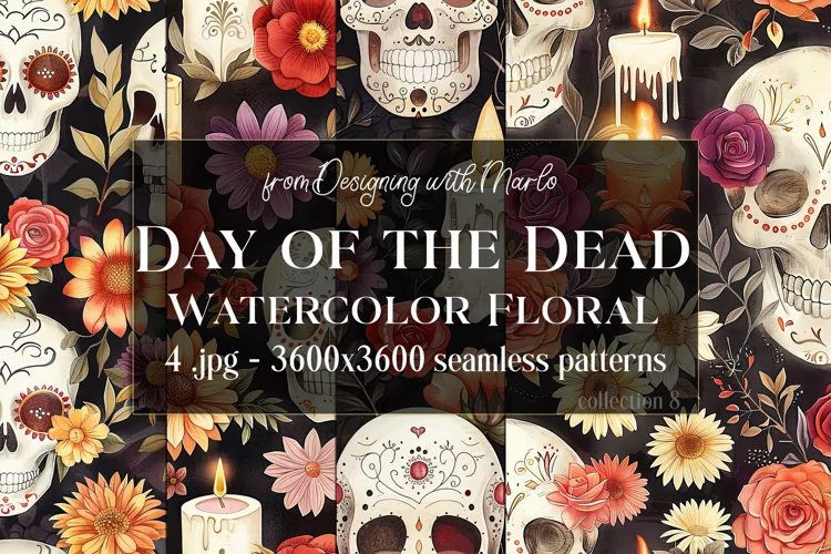 Day of the Dead Patterns, Watercolor Floral Skull Pattern 8