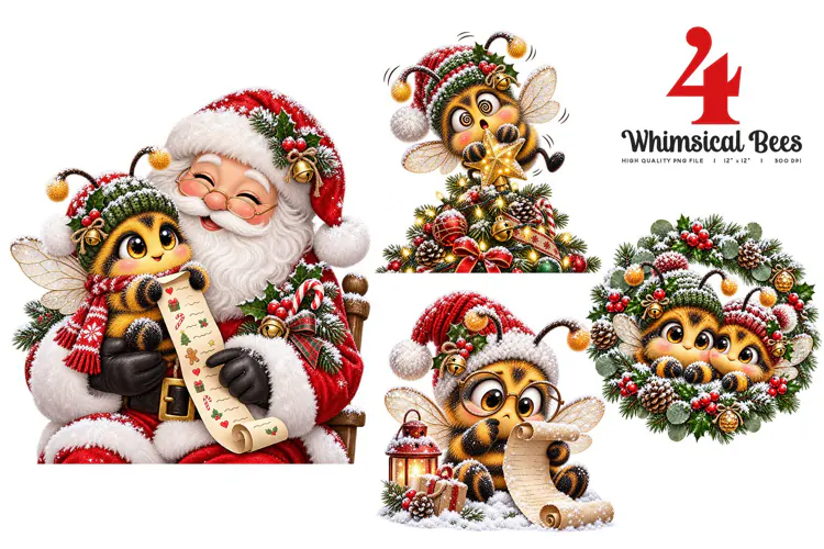 Whimsical Christmas Bees Clipart | 4 Santa & Holiday Magic