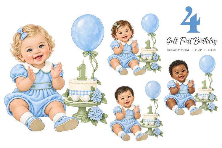 Golf First Birthday Girl Clipart | 4 Watercolor PNGs
