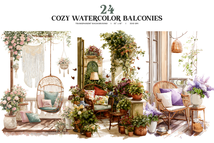 Cozy Watercolor Balcony PNG Collection