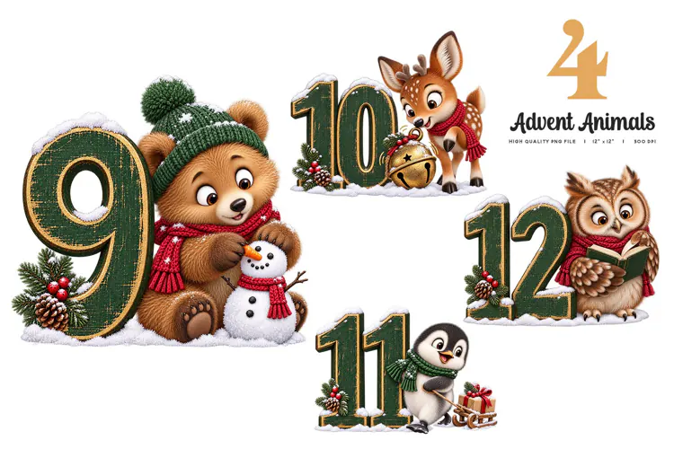 Advent Animals Clipart Numbers 9 to 12