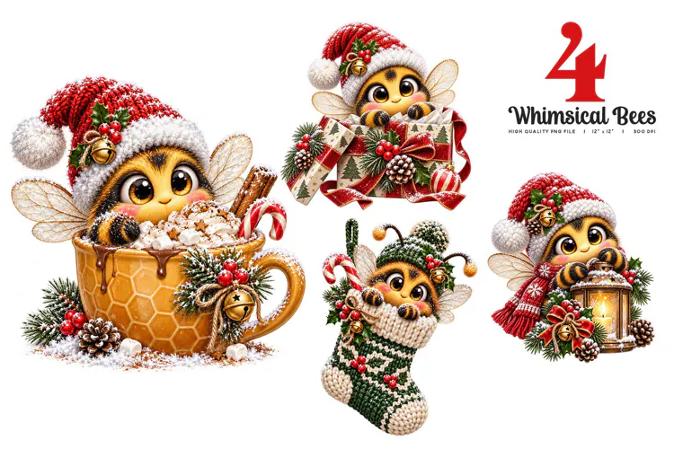 Whimsical Christmas Bees Clipart | 4 Cozy Holiday PNGs