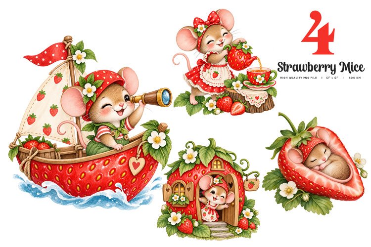Strawberry Mice Storybook Clipart 4 PNGs example image 1