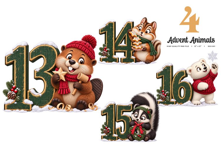 Advent Animals Clipart Numbers 13 to 16 example image 1