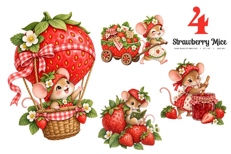 Strawberry Mice Sweet Moments Clipart | 4 Watercolor PNGs example image 1